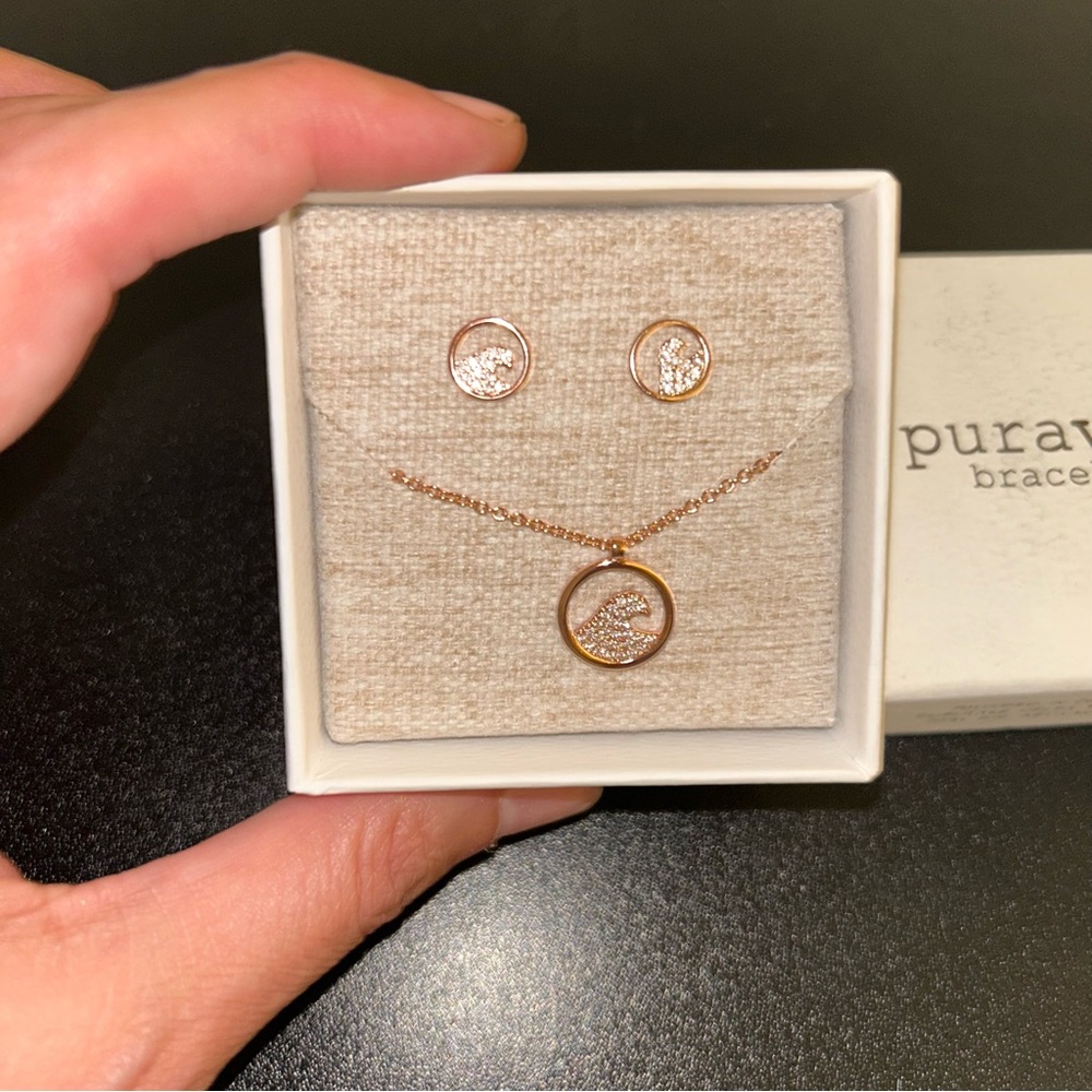Pura Vida Pave Wave Necklace and Earring Set in Rose Gold NEW Boxed - Picture 4 of 5